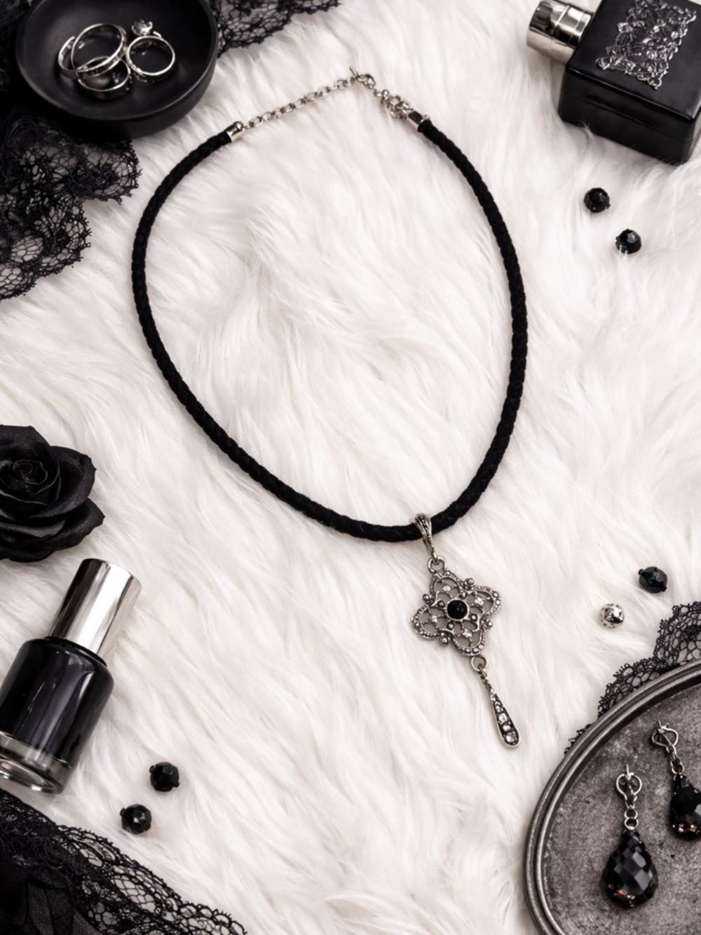 Vintage Style Black Pendant Necklace Gothic Boho Silver Filigree Drop Statement